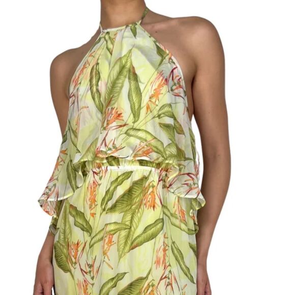 BCBGeneration lime colored tropical floral print halter maxi dress S - Picture 3 of 10